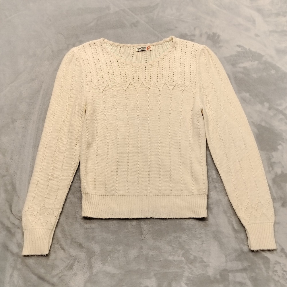 VTG Pandora Sweater Women XS Cream Pointelle Scalloped Knit Pullover Made In USA